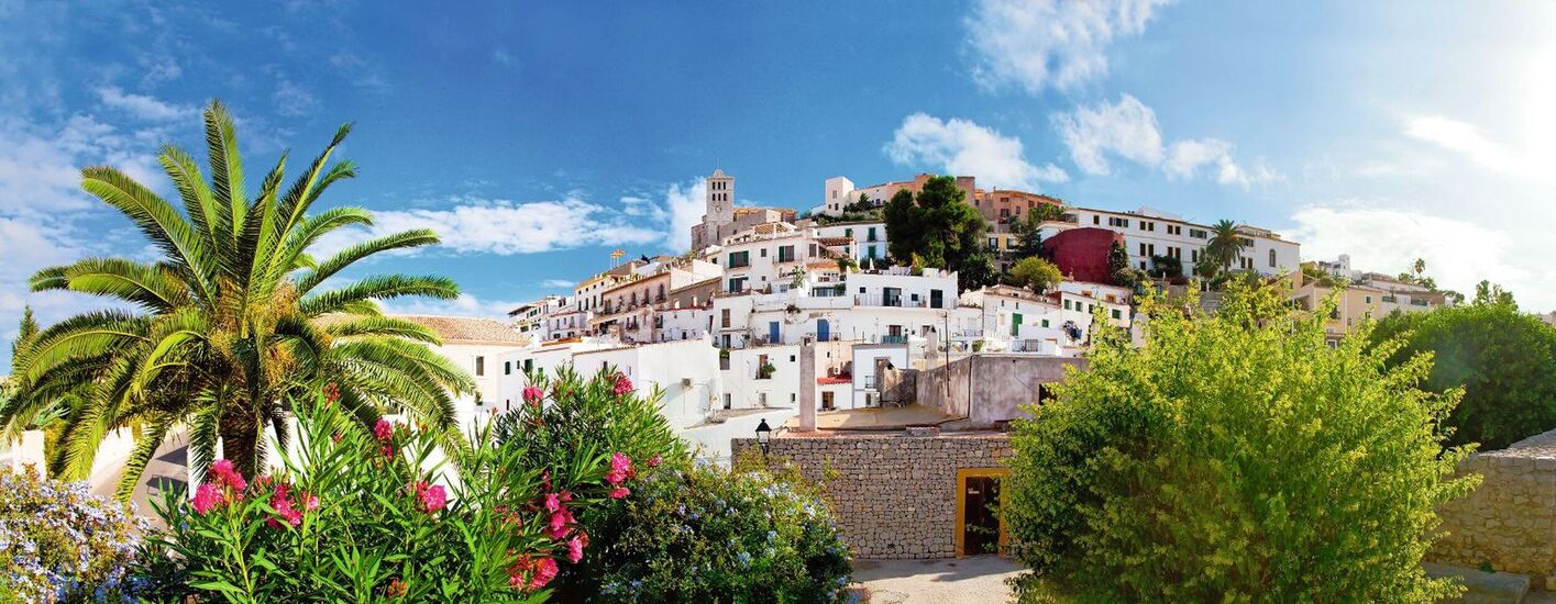 Mediterrane Stadtansicht mit weißgetünchten Häusern und Palmen im Vordergrund