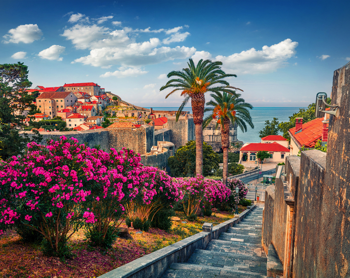 Steintreppe in mediterraner Stadt mit Palmen und blühenden Sträuchern im Vordergrund.