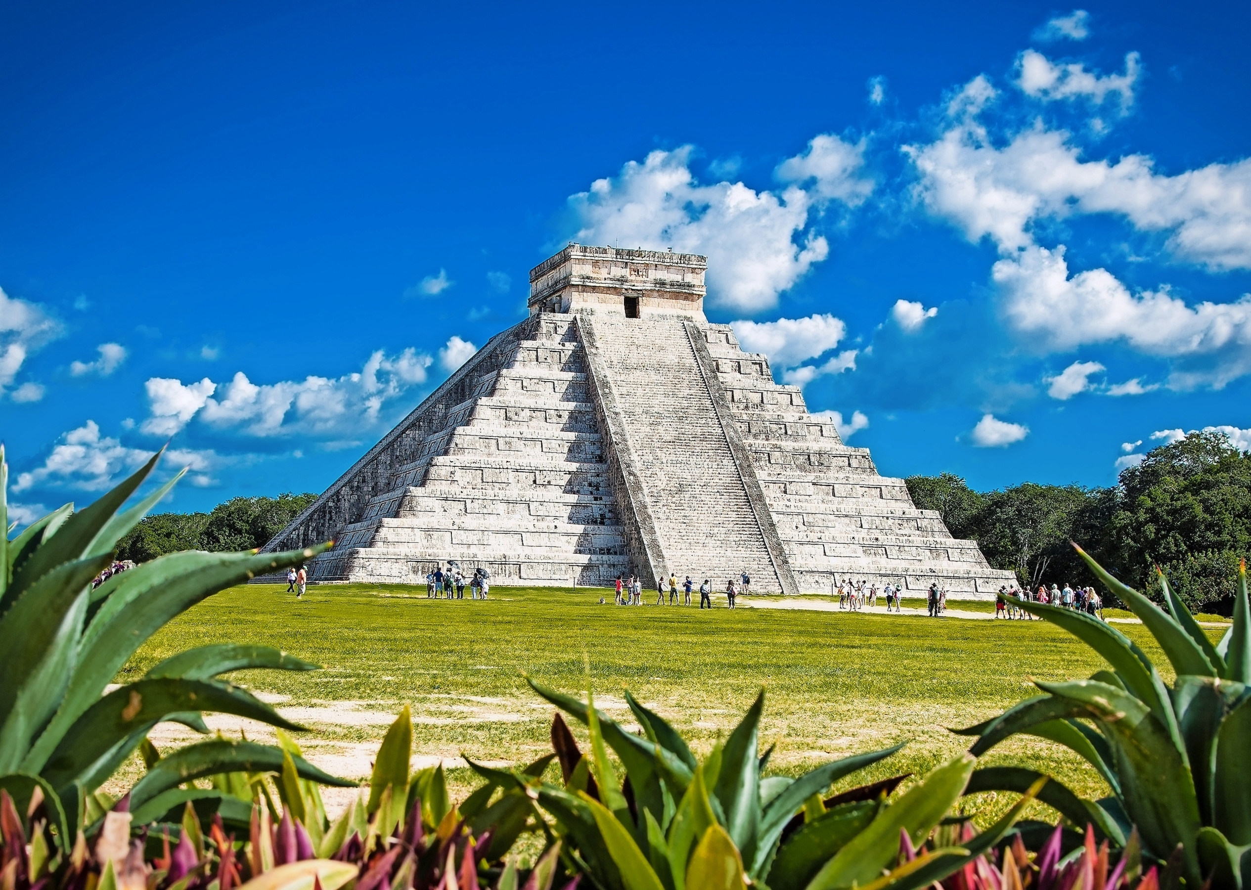 Pyramide von Chichén Itzá vor blauem Himmel, umgeben von Gras und Pflanzen.